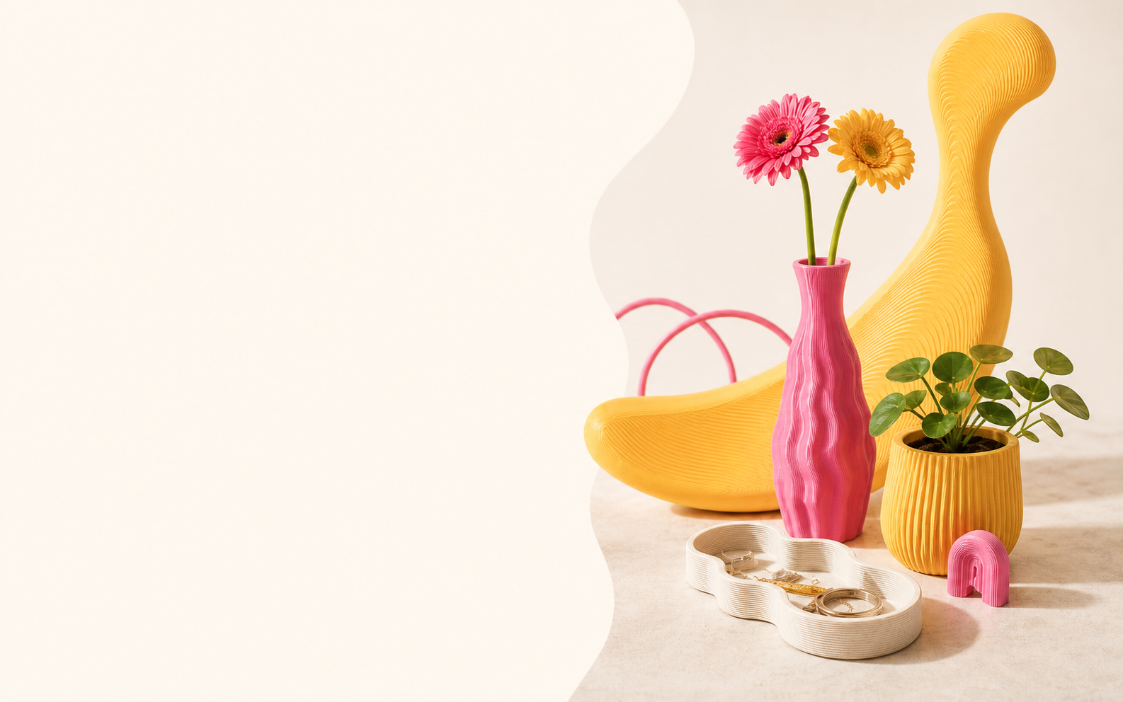 Pinkbnana 3D-printed vases, plant pot, accessory tray and sculptural yellow form