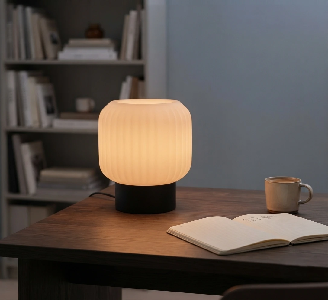 Lumi Rib Lamp glowing on a desk