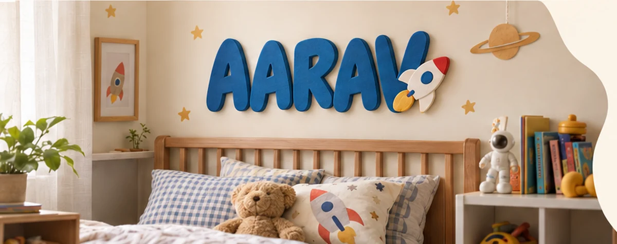 A playful personalised name sign in a child's room