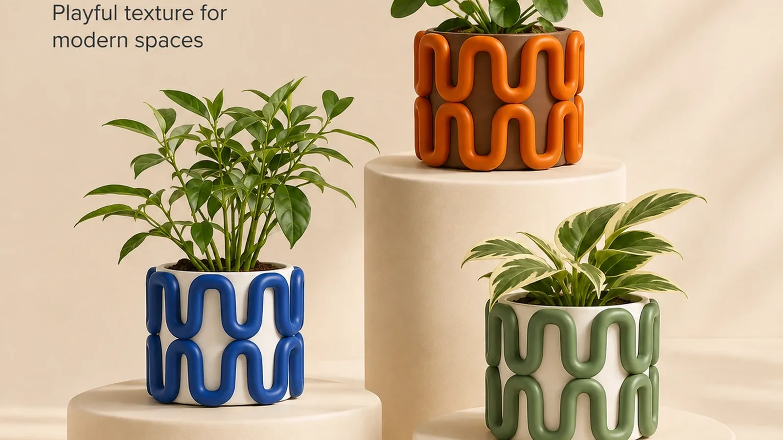 A sculptural indoor planter with a leafy houseplant
