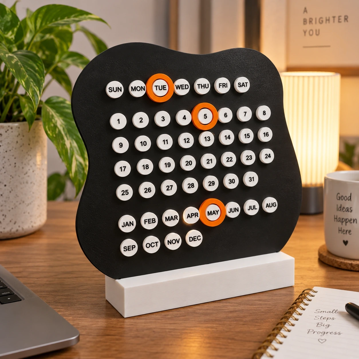 DayDot reusable perpetual desk calendar in black with movable day, date, and month markers