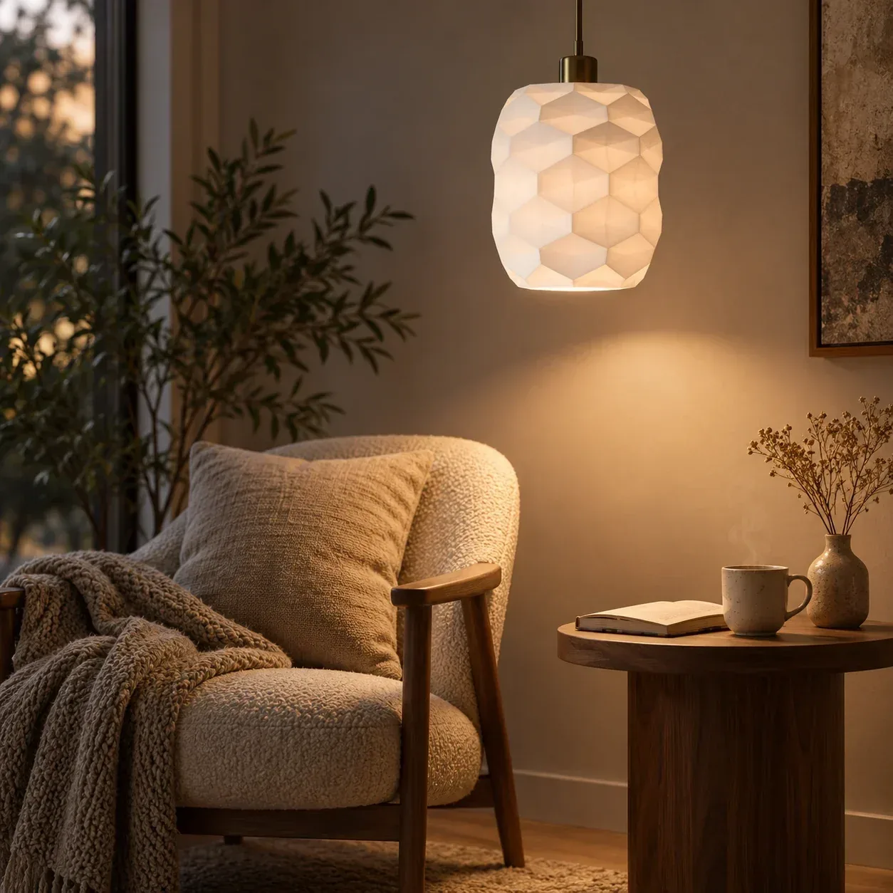 Hexa Tripod hanging lamp in a cosy room
