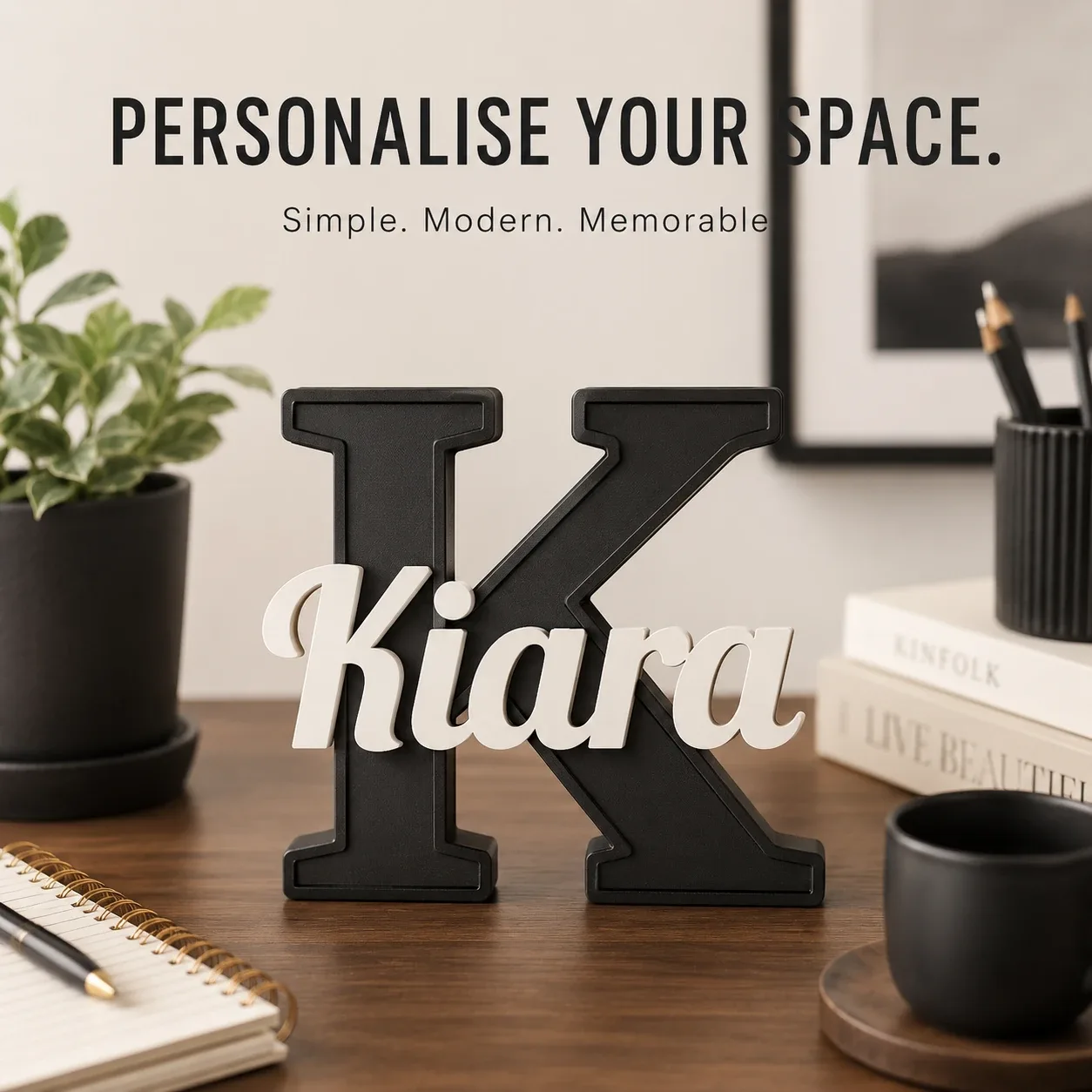 Personalised Kids Name Sign black K with Kiara name styling