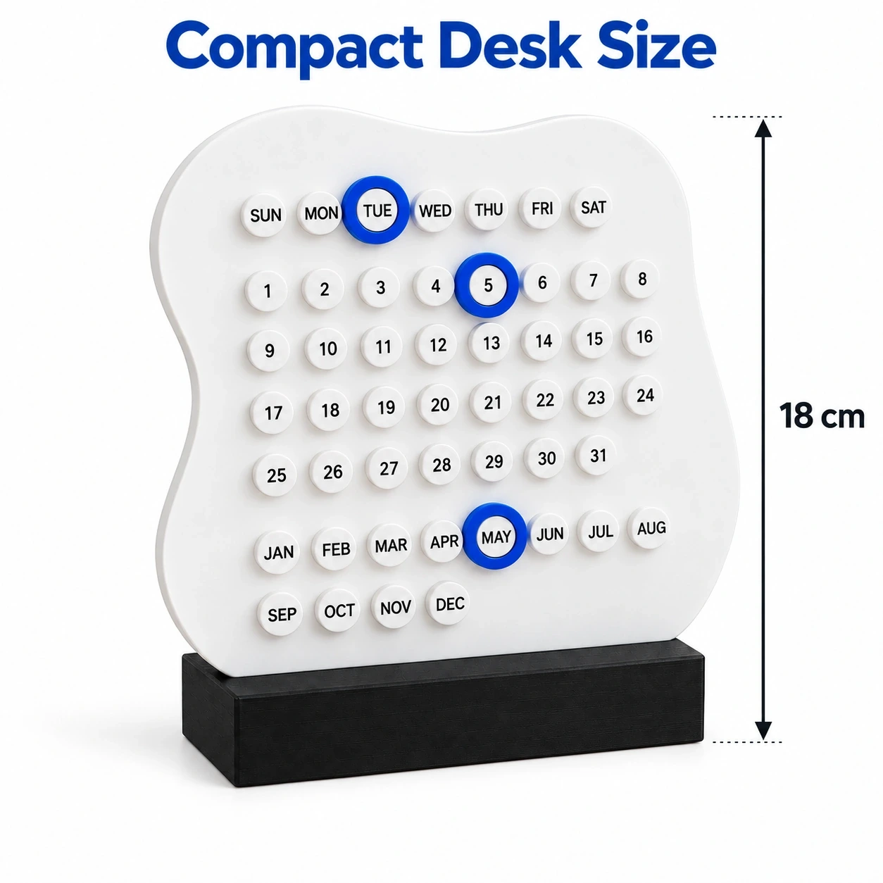 DayDot perpetual desk calendar showing its compact 18 cm desk size