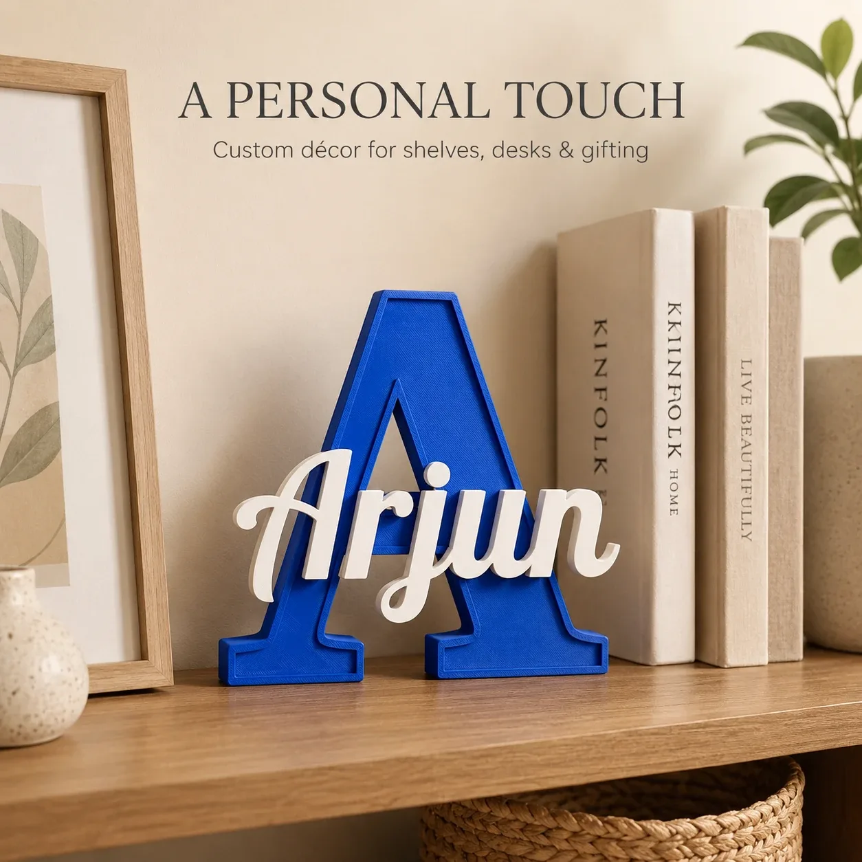 Personalised Kids Name Sign blue A with Arjun name styling