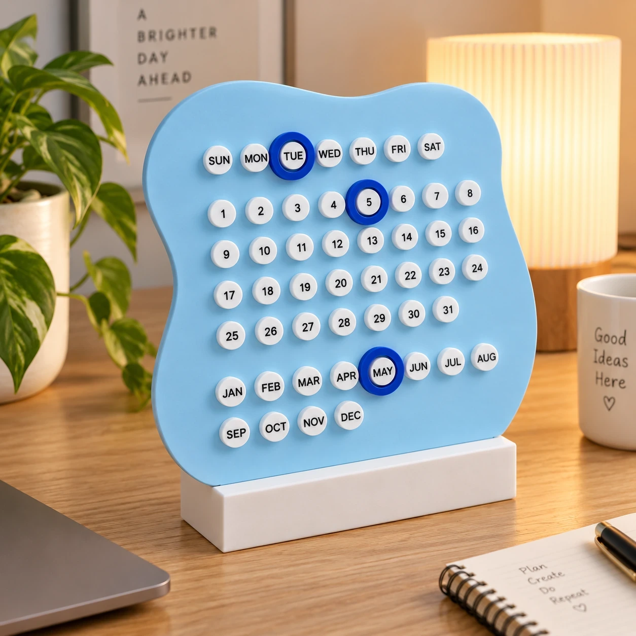 DayDot reusable perpetual desk calendar in sky blue with movable day, date, and month markers