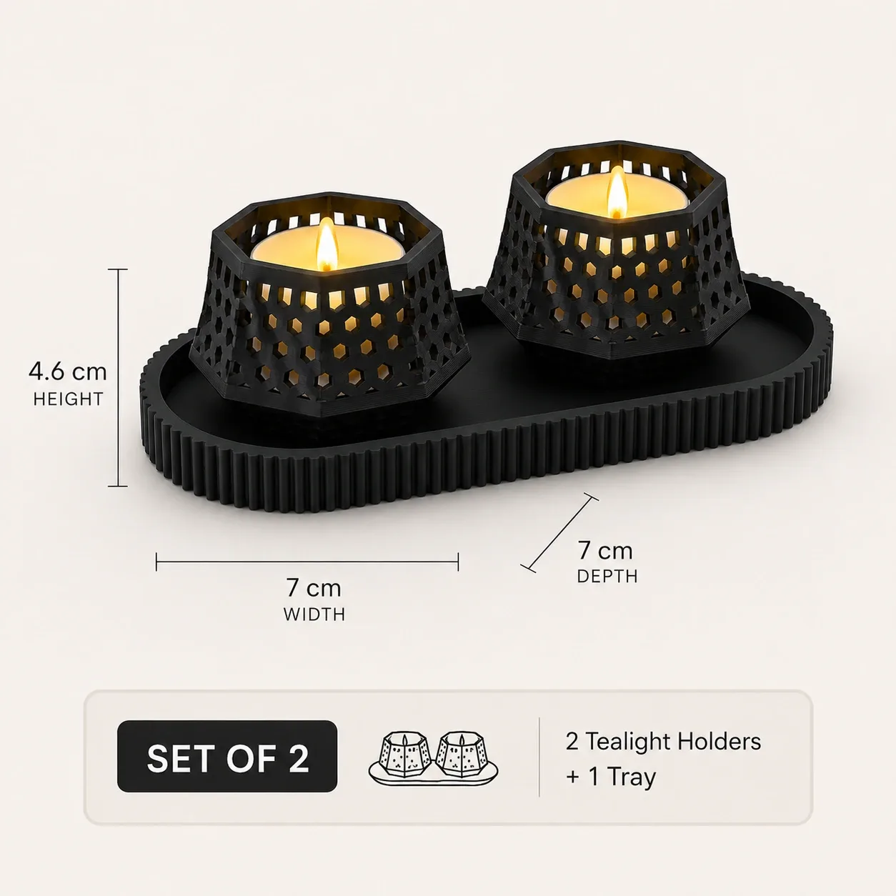 Glow Gather Set dimensions with two tealight holders and tray
