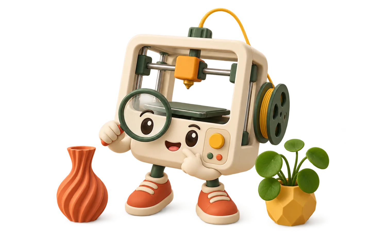 A friendly 3D printer character with Pink Bnana products