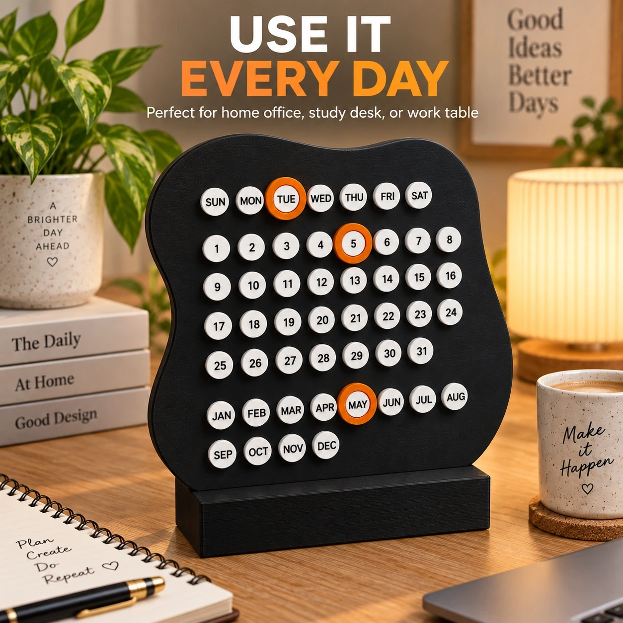 Black DayDot perpetual desk calendar styled on a home office desk