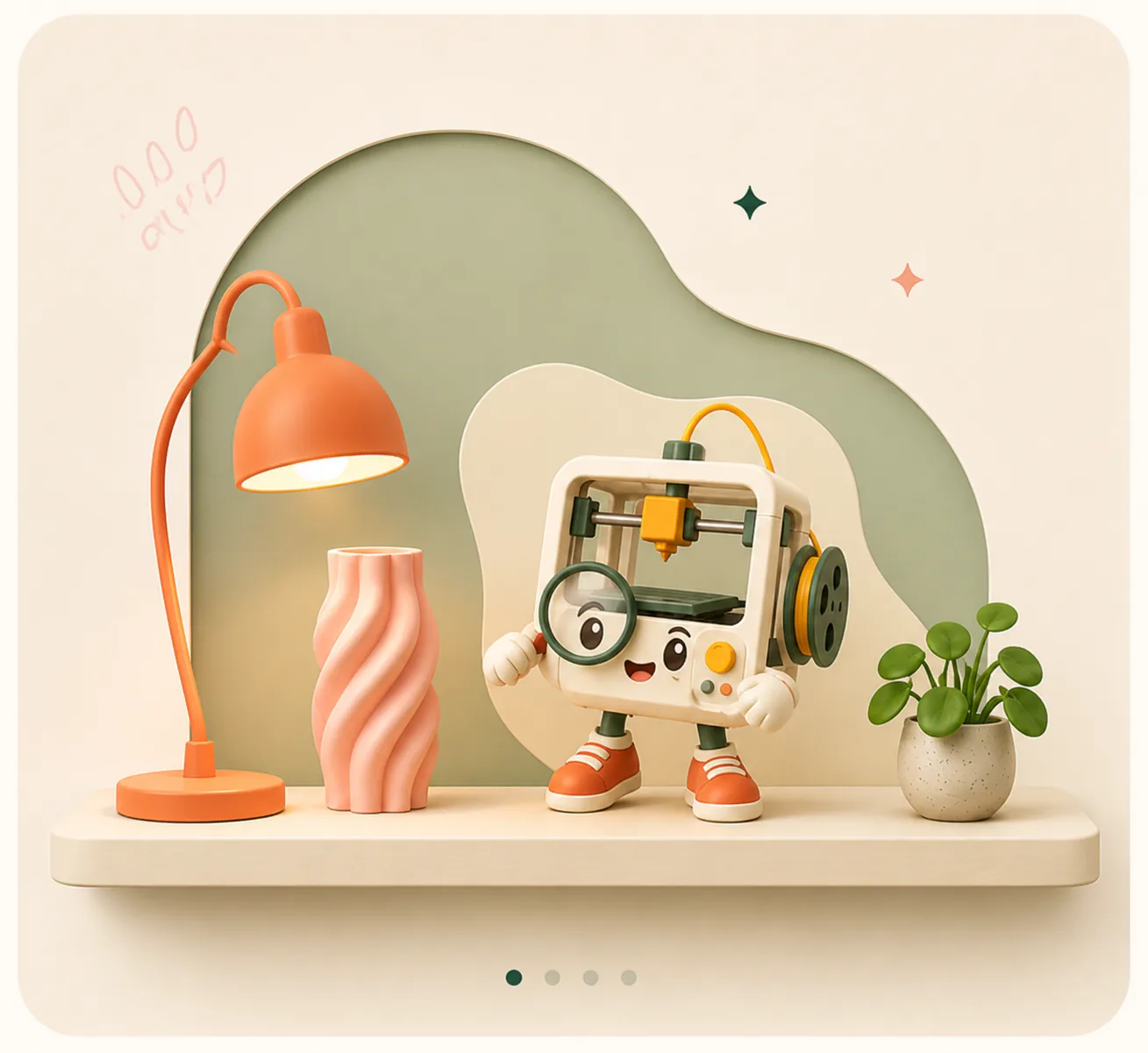 Pink Bnana 3D printing studio with a lamp, vase, printer, and planter