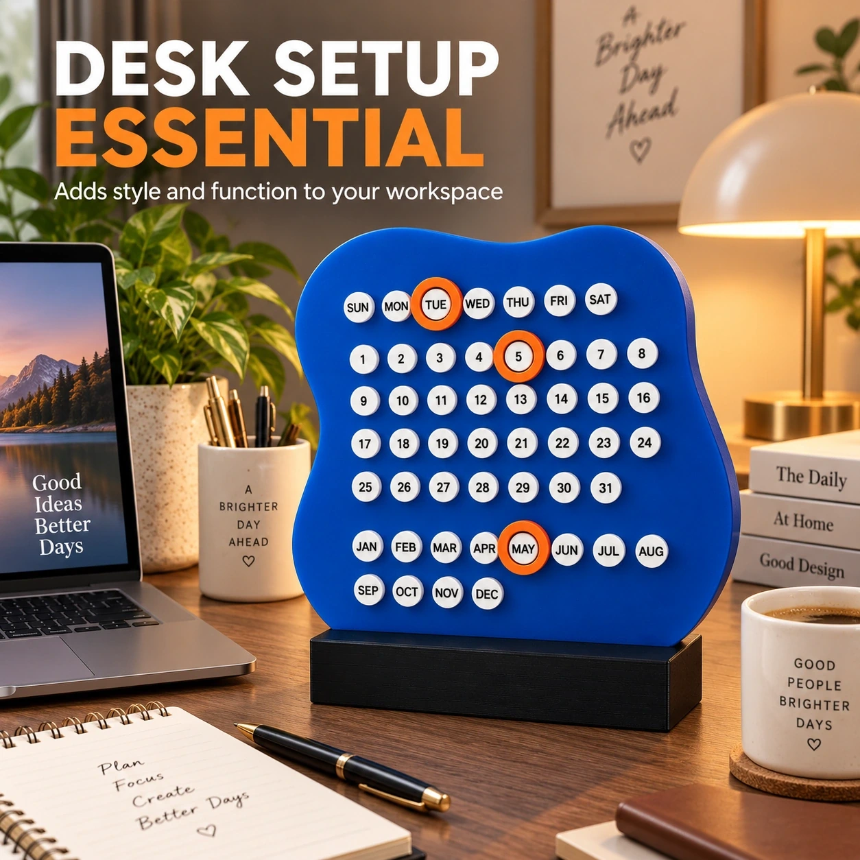 Blue DayDot perpetual desk calendar styled in a desk setup
