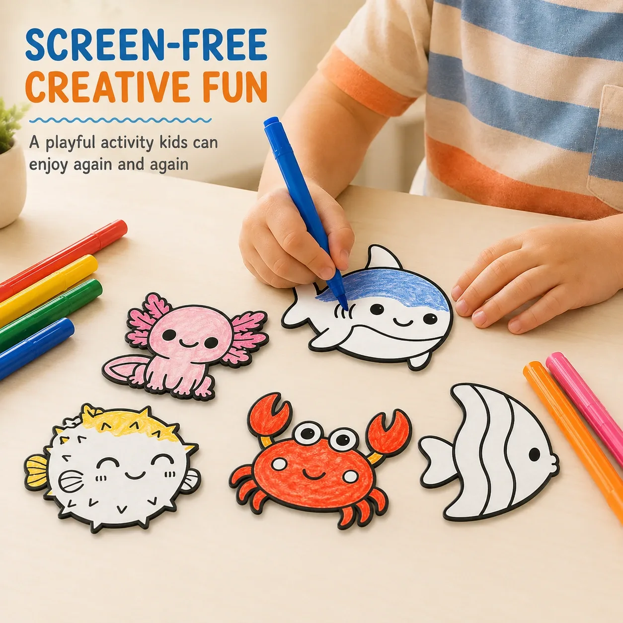 Pink Bnana Tide and Doodle ocean creature colouring kit detail view