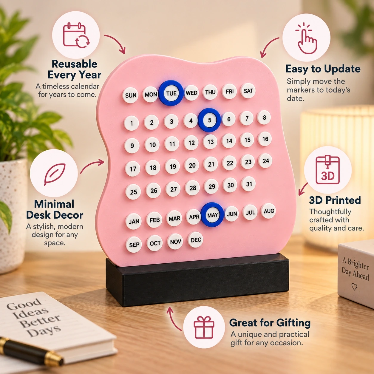 Pink DayDot perpetual desk calendar with reusable and easy-to-update features