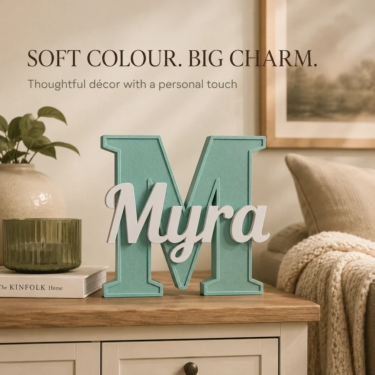 Personalised Kids Name Sign sage green M with Myra name styling