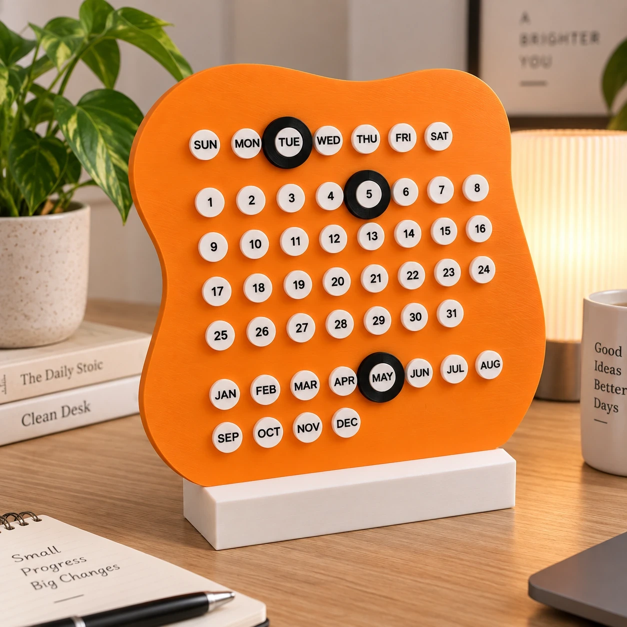 DayDot reusable perpetual desk calendar in orange with movable day, date, and month markers