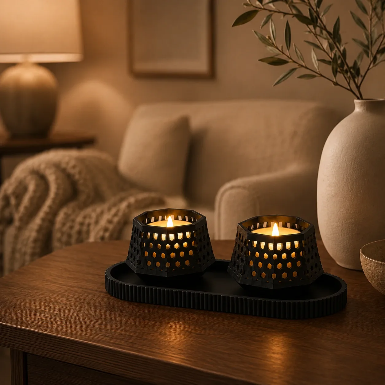 Pink Bnana Glow Gather Set glowing on a warm living room table