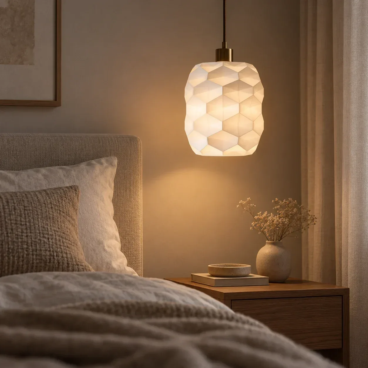 Pink Bnana Hexa Tripod hanging lamp glowing indoors