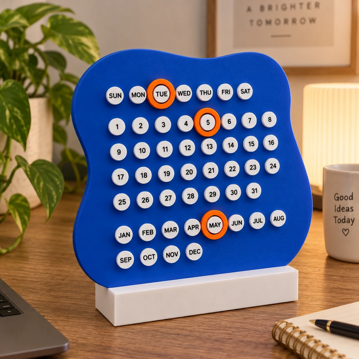 DayDot reusable perpetual desk calendar in royal blue with movable day, date, and month markers