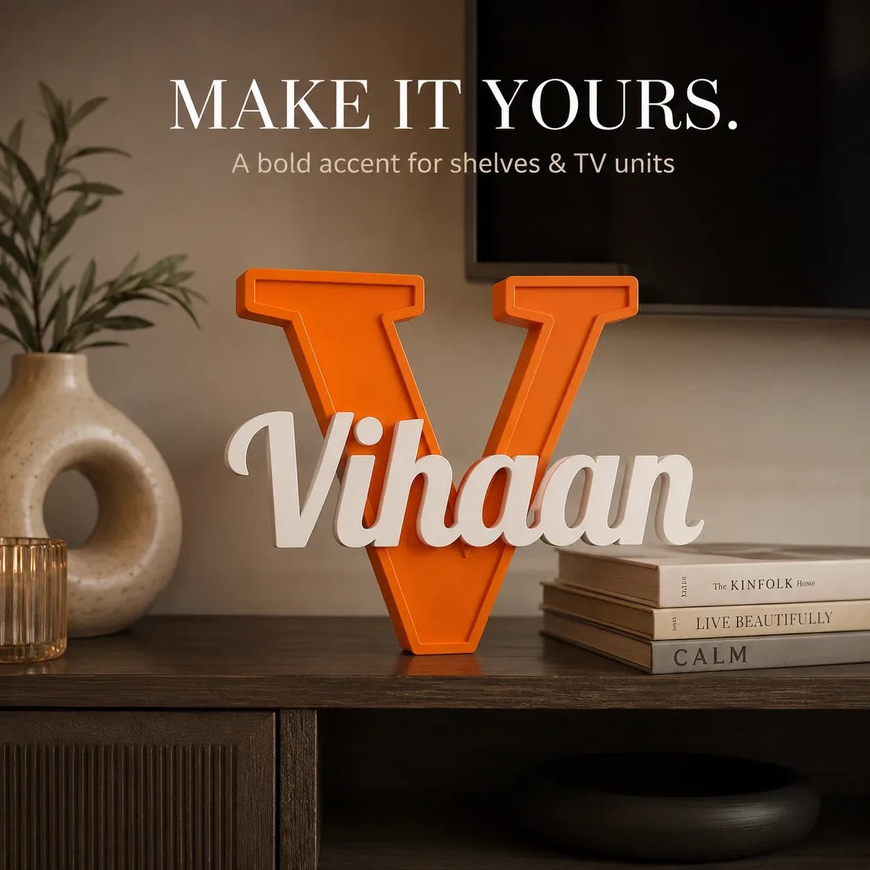 Personalised Kids Name Sign orange V with Vivaan name styling