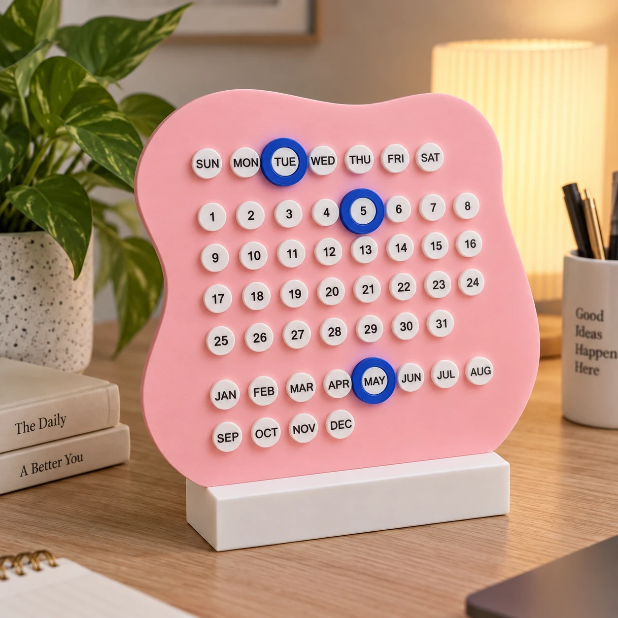 DayDot reusable perpetual desk calendar in pink with movable day, date, and month markers