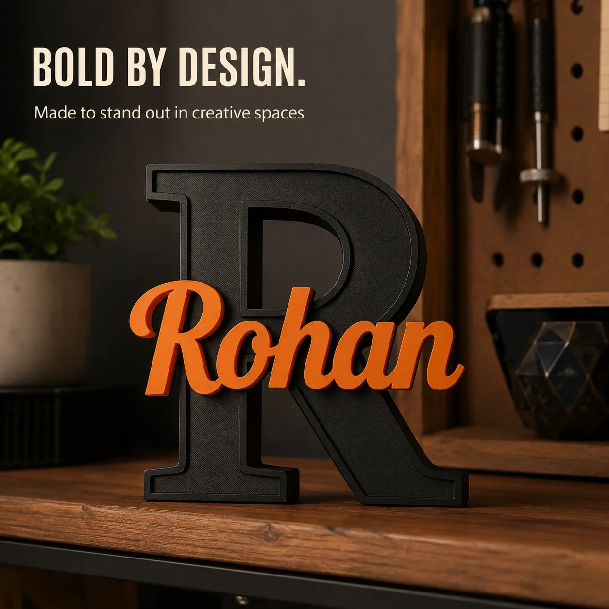Personalised Kids Name Sign black R with Rohan name styling