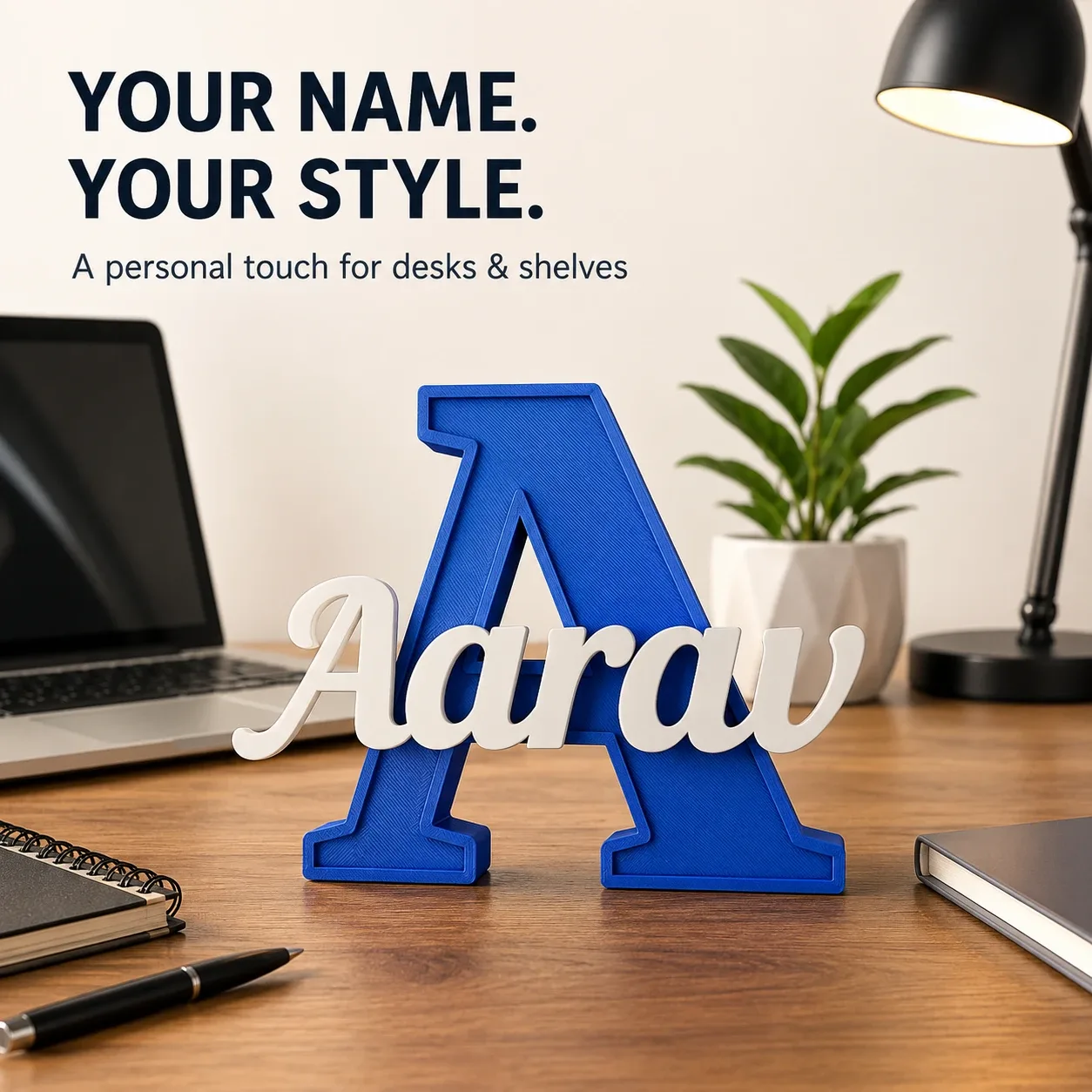 Personalised Kids Name Sign blue A with Aarav name styling