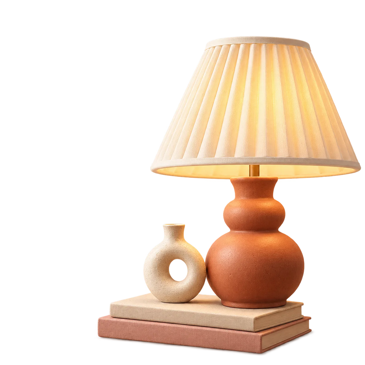 Warm table lamp with decorative vase and books