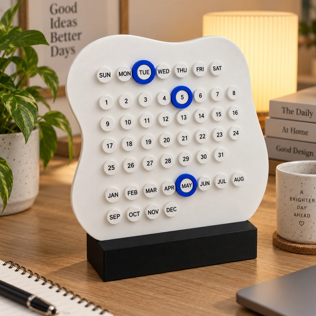 DayDot reusable perpetual desk calendar in white with movable day, date, and month markers
