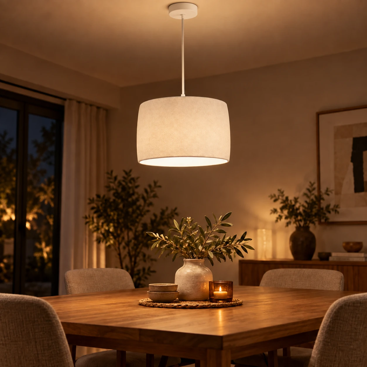 Pink Bnana Alune Pendant Lamp in white — evening dining setting