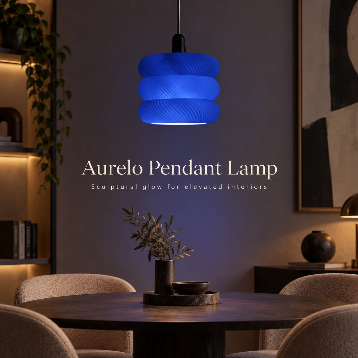 Pink Bnana Aurelo Pendant Lamp in royal blue — dining room setting