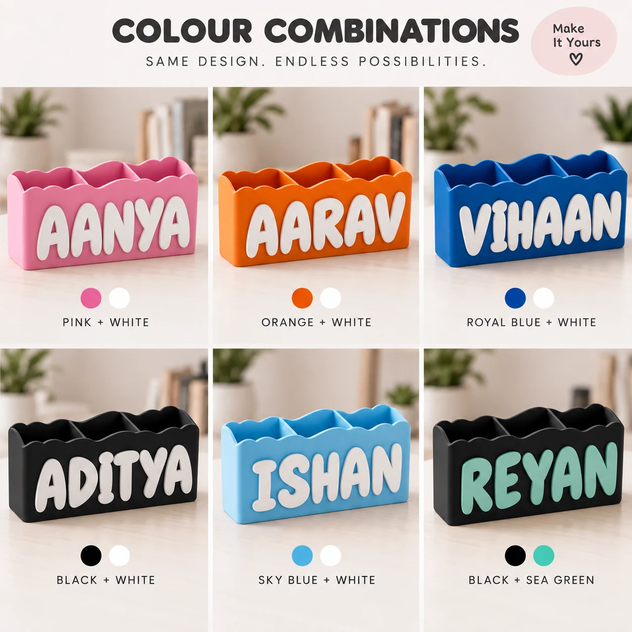Personalised custom name desk organizer front product view