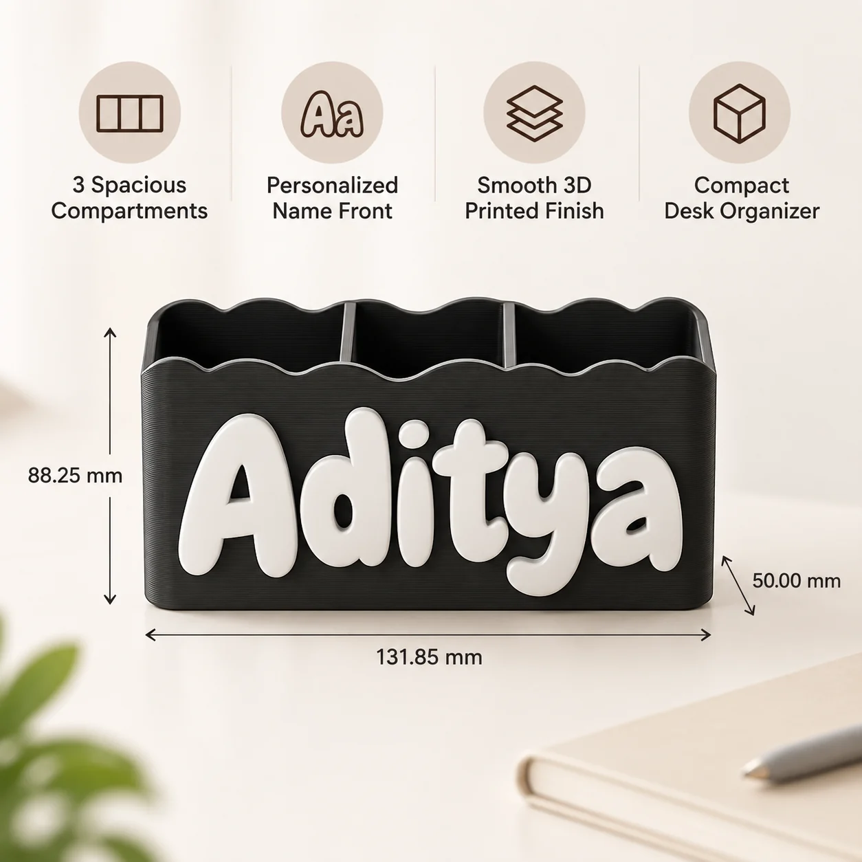 Black custom name desk organizer dimensions