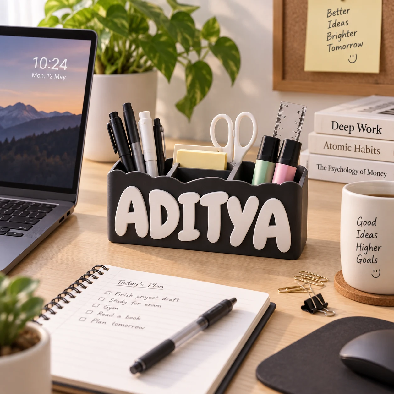 Personalised custom name desk organizer with pens and stationery on a home office desk