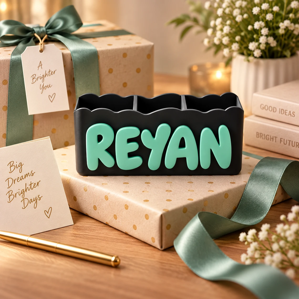 Personalised custom name desk organizer styled as a thoughtful gift