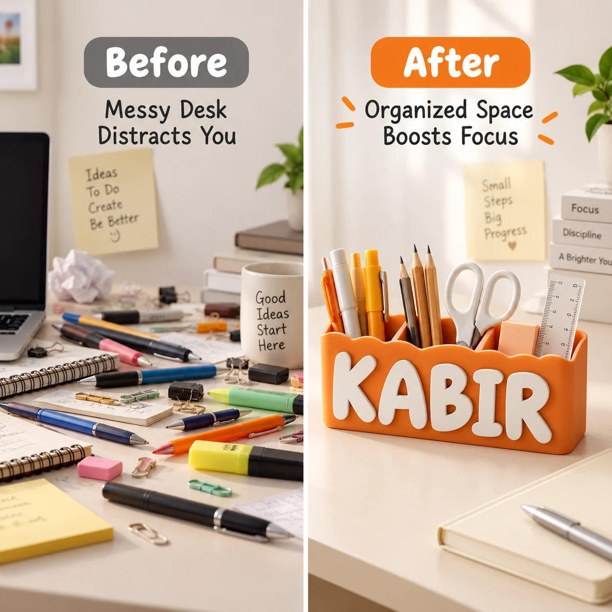 Custom name desk organizer before and after desk organisation