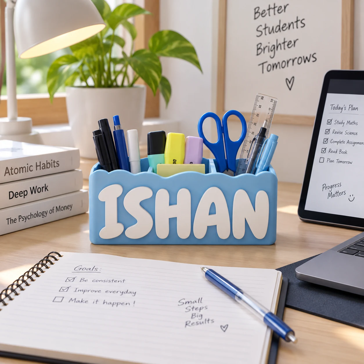 Personalised blue desk organizer with stationery in a bright study space