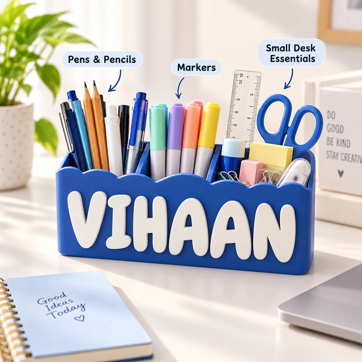 Custom desk organizer showing pens, pencils, markers and desk essentials