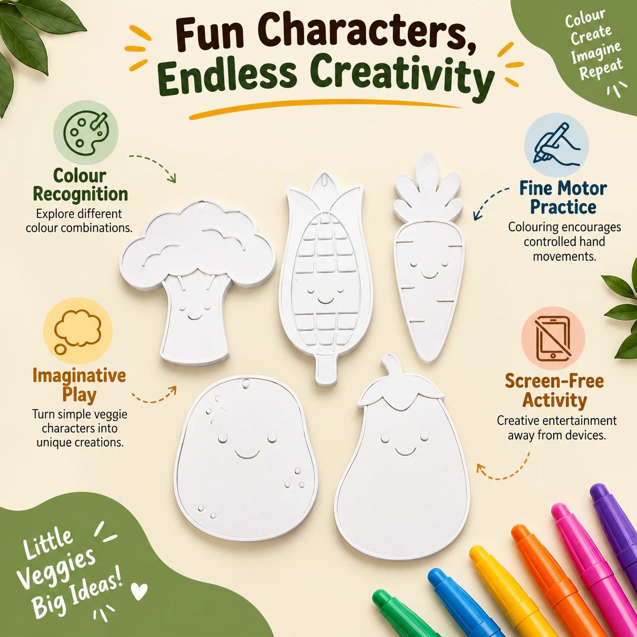 Garden Giggles Colour Kit veggie characters colouring activity, showing creative play and fine motor benefits