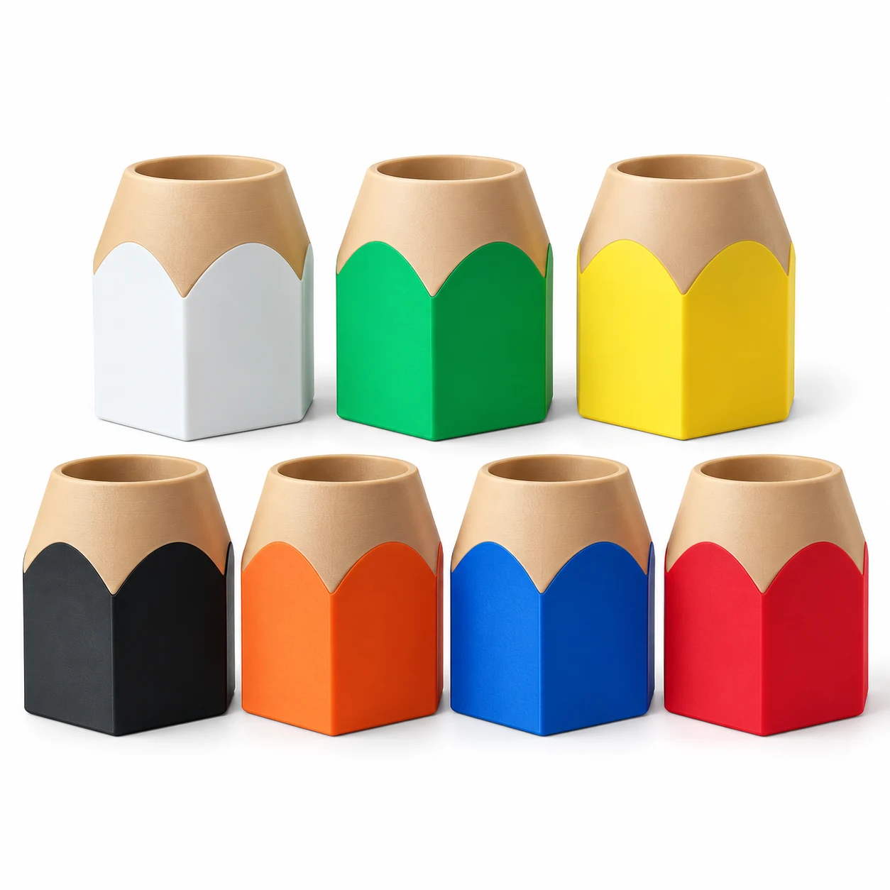 Pencil Pop kids pencil holder shown in colourful pencil-inspired finishes