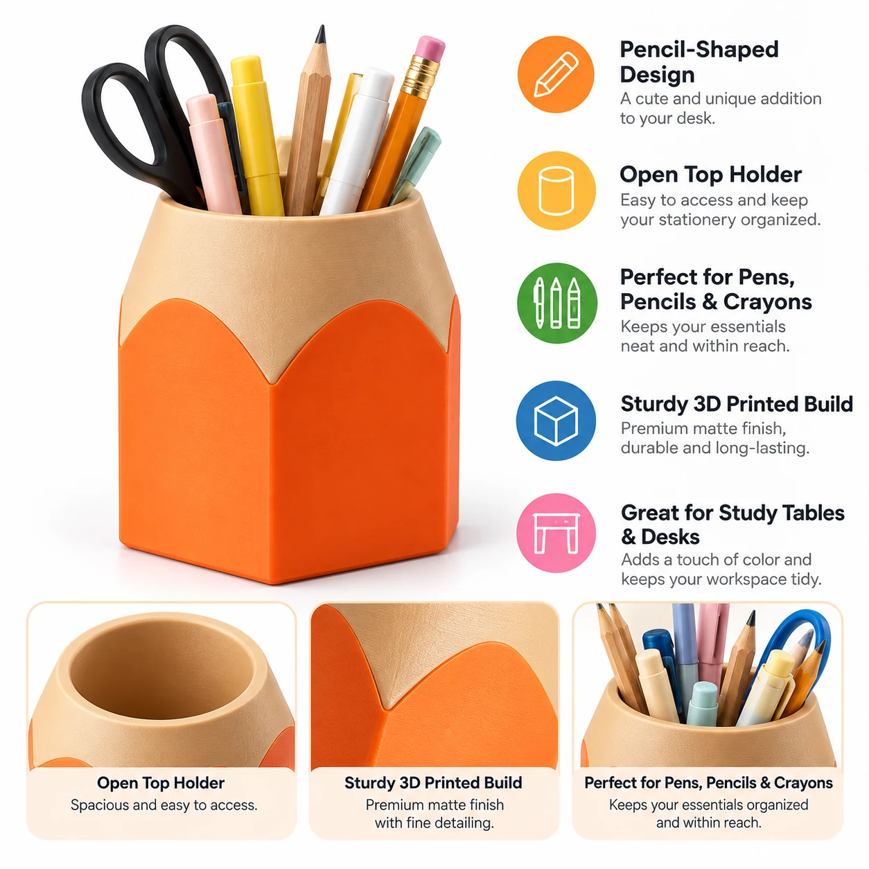 Pencil Pop orange pencil holder showing the open-top design and stationery storage features