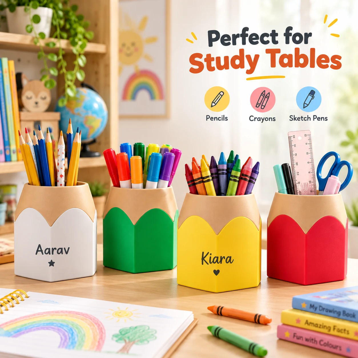 Pencil Pop kids pencil holders keeping pencils crayons and sketch pens organised on a study table