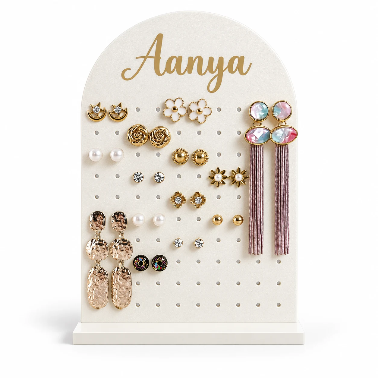 Personalised white earring organizer with custom name and freestanding base