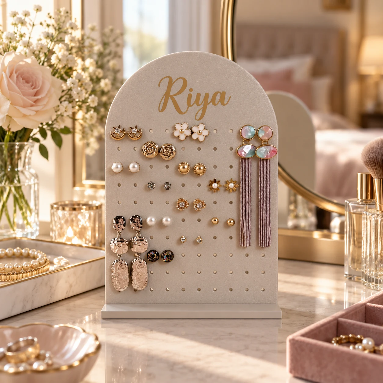 White personalised jewellery organizer displayed on a vanity