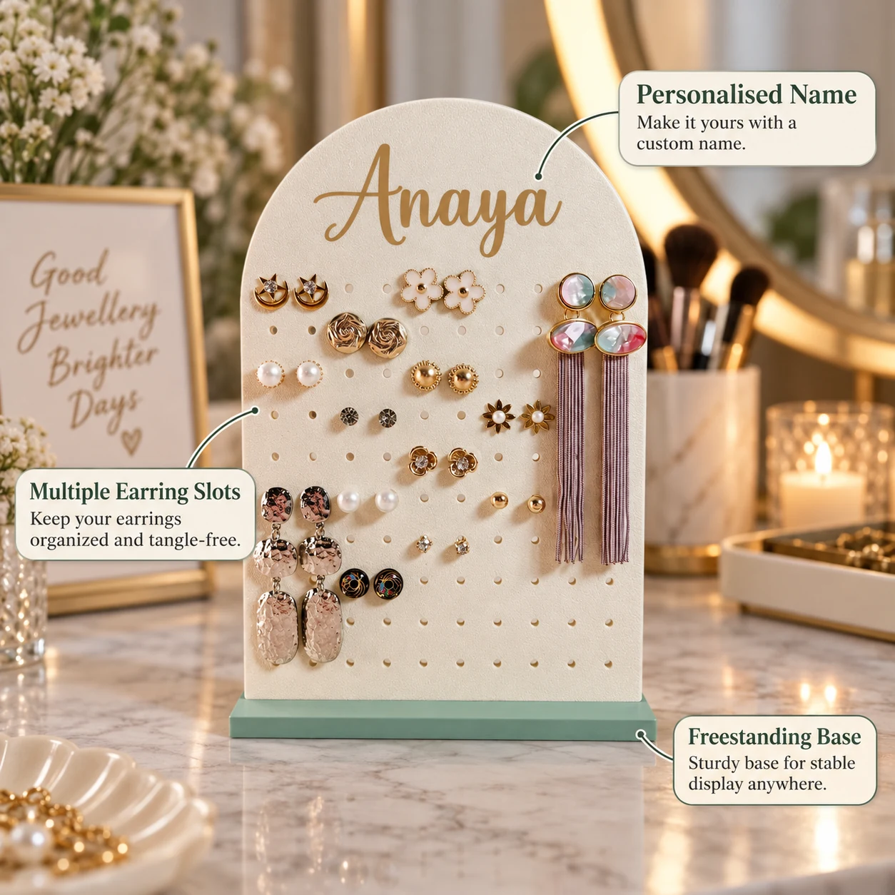 Personalised earring organizer showing custom name, earring slots and freestanding base