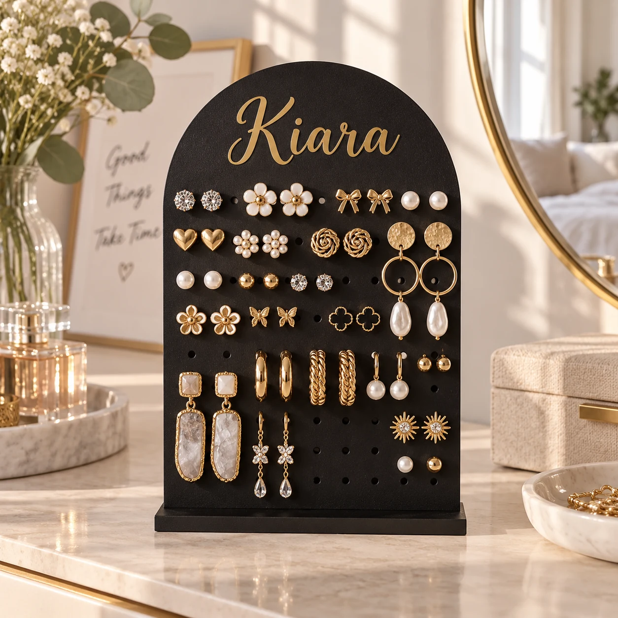 Black personalised earring organizer with custom name and jewellery display slots