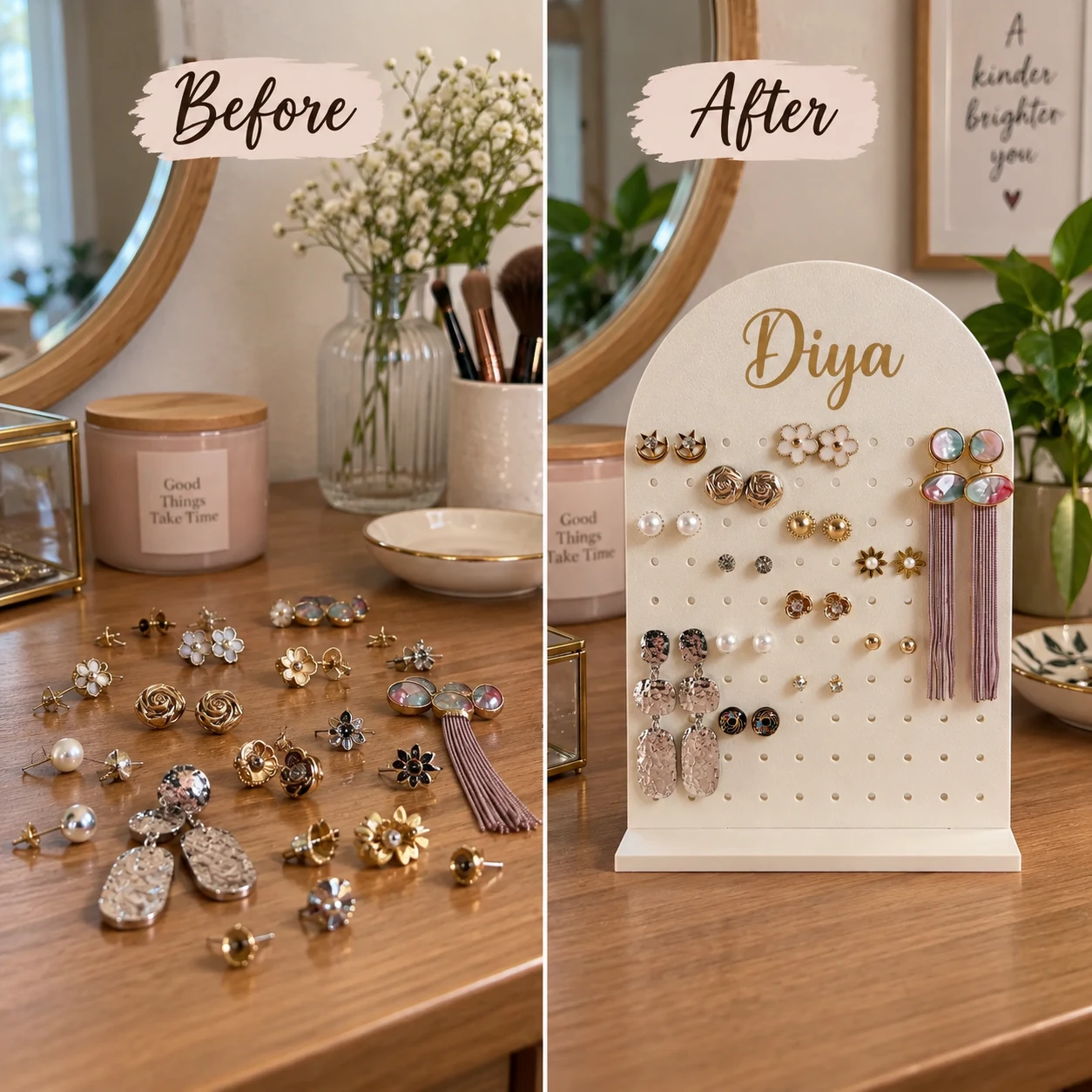 Before and after view of earrings organised on a personalised jewellery stand