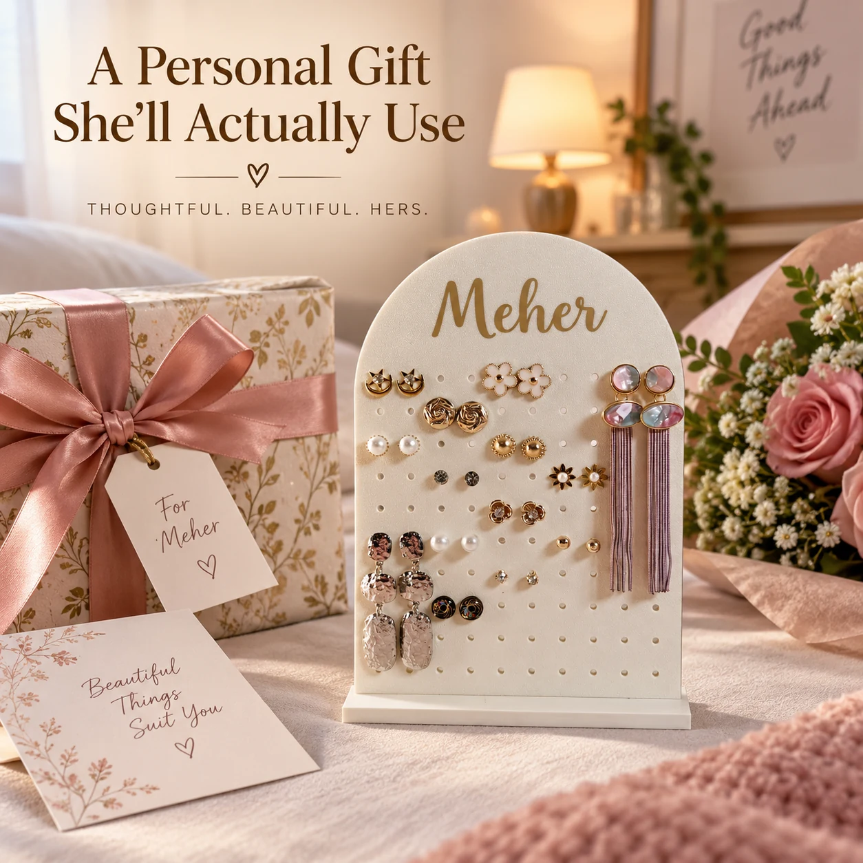 Personalised earring organizer styled as a thoughtful gift