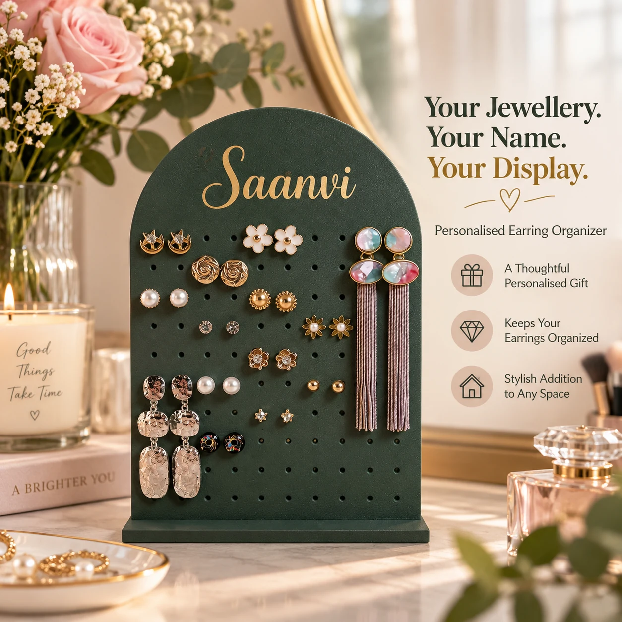 Sea green personalised earring organizer with jewellery display benefits