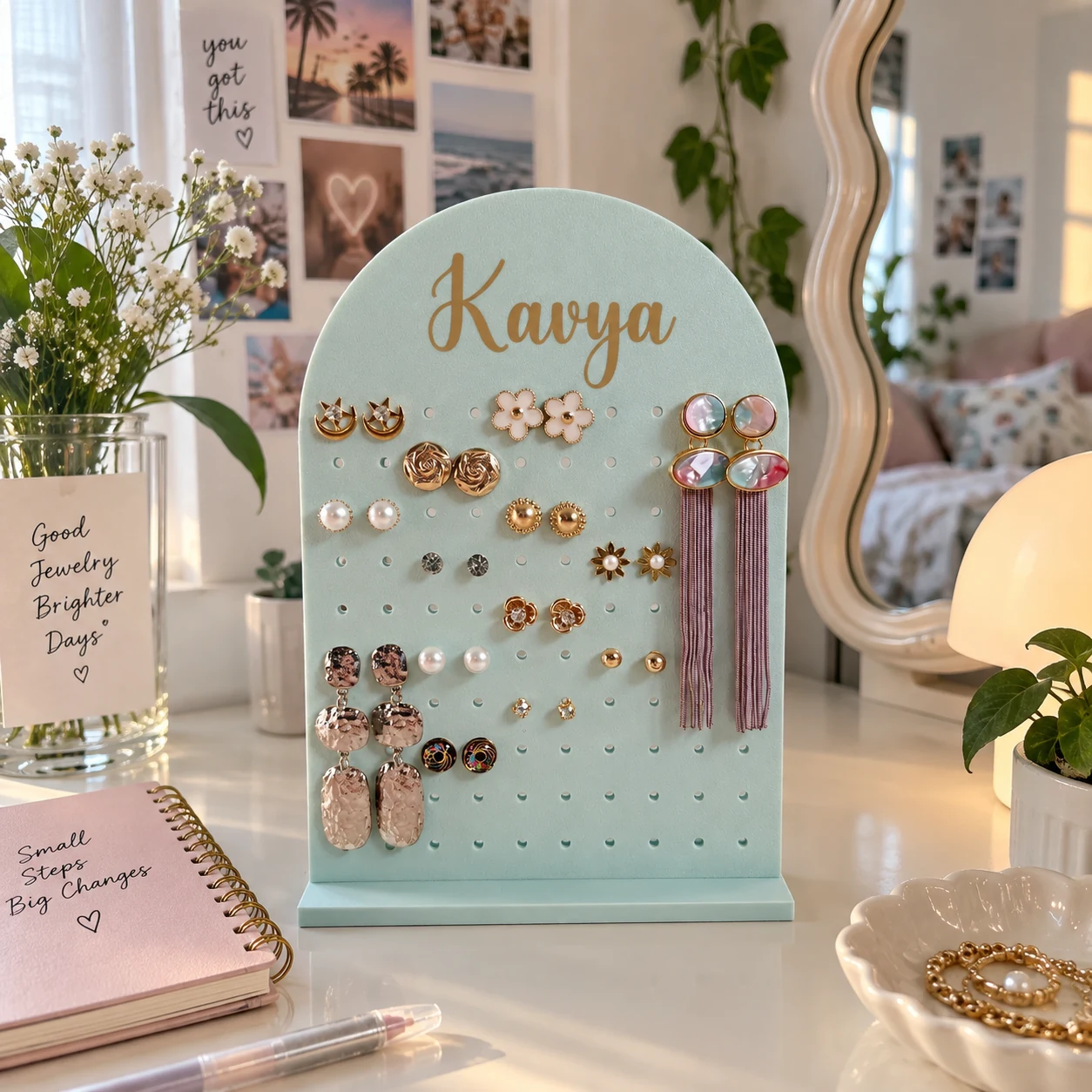 Sky blue personalised earring organizer with custom name and earring slots