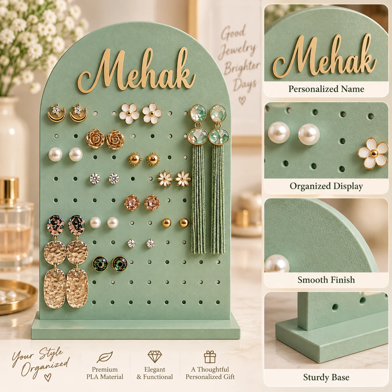 Sea green personalised earring organizer showing smooth finish and sturdy base